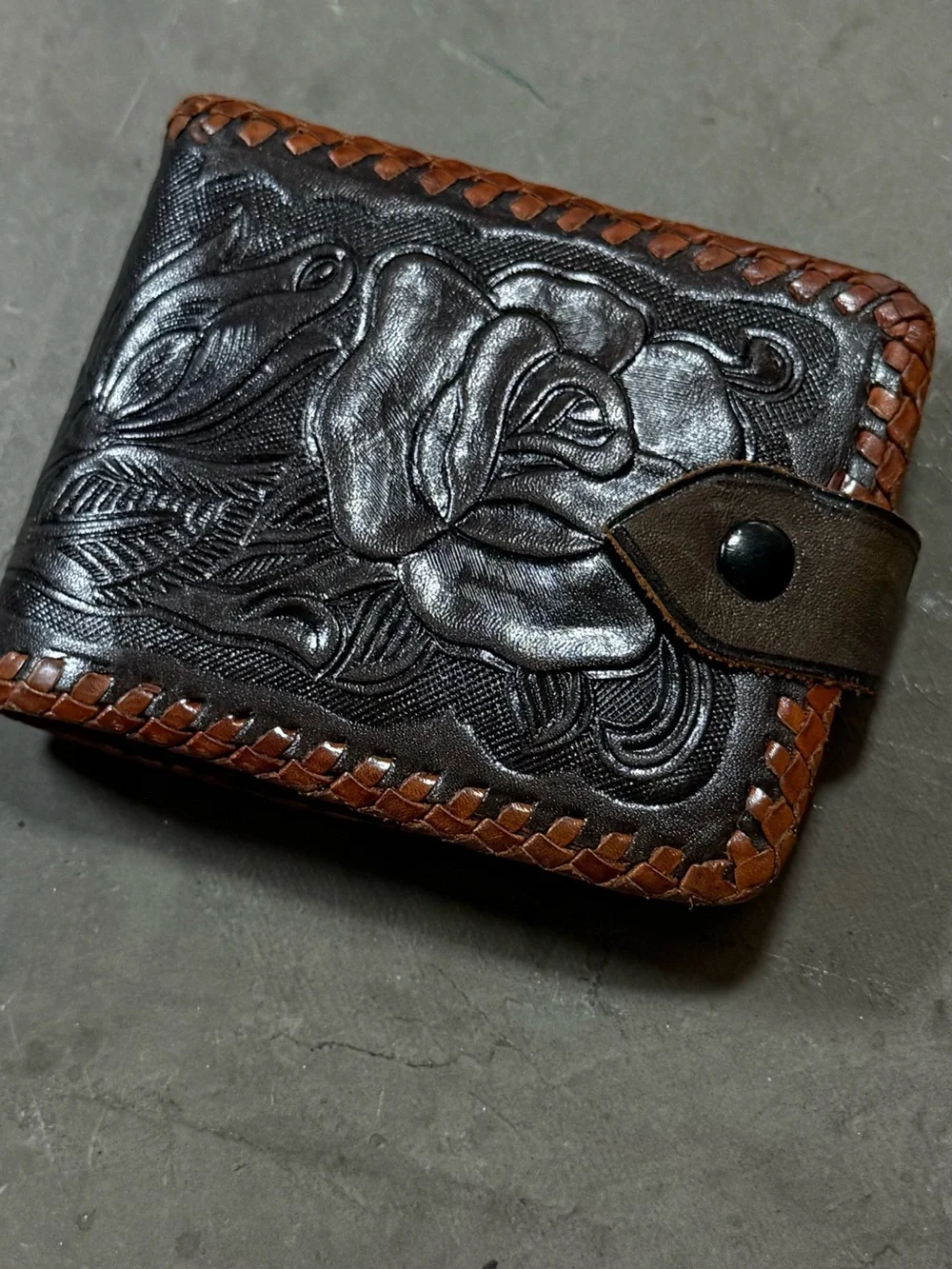 Vintage Hand Tooled Leather Bifold Wallet Floral Rose Brown Western Snap